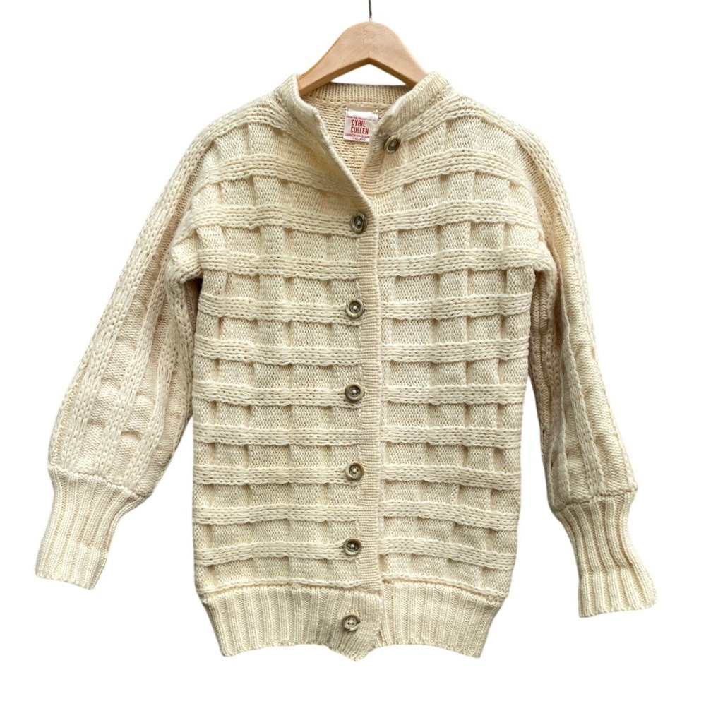 Vintage Cyril Cullen Irish Wool Cardigan Cream Textured Knit Button Fisherman